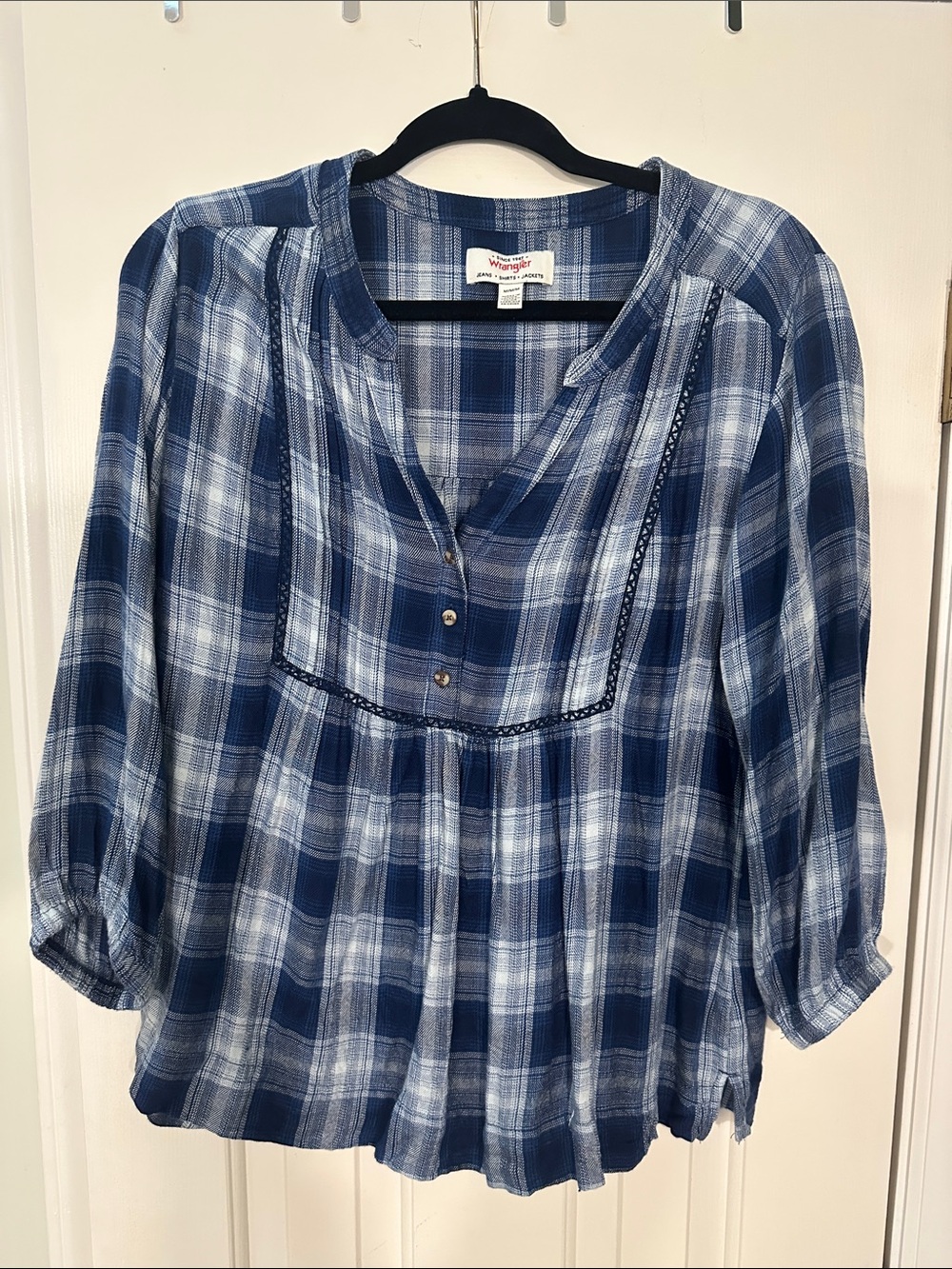 Wrangler Blue and White Plaid Peasant Top